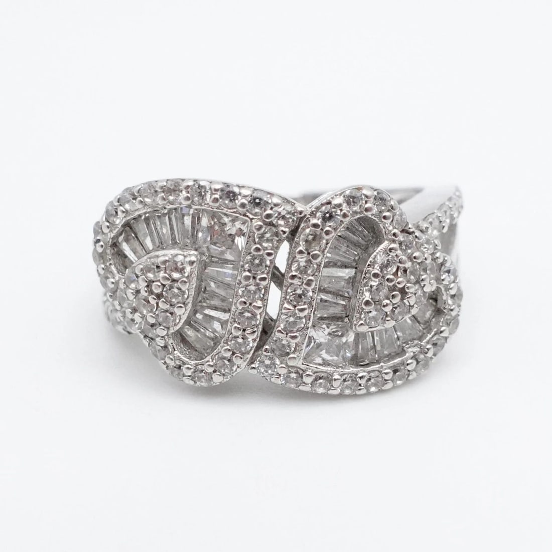 FZN STERLING SILVER DOUBLE HEARTS CLEAR CZ CUBIC ZIRCONIA PAVE RING - SIZE 7.25 (1 of 2)