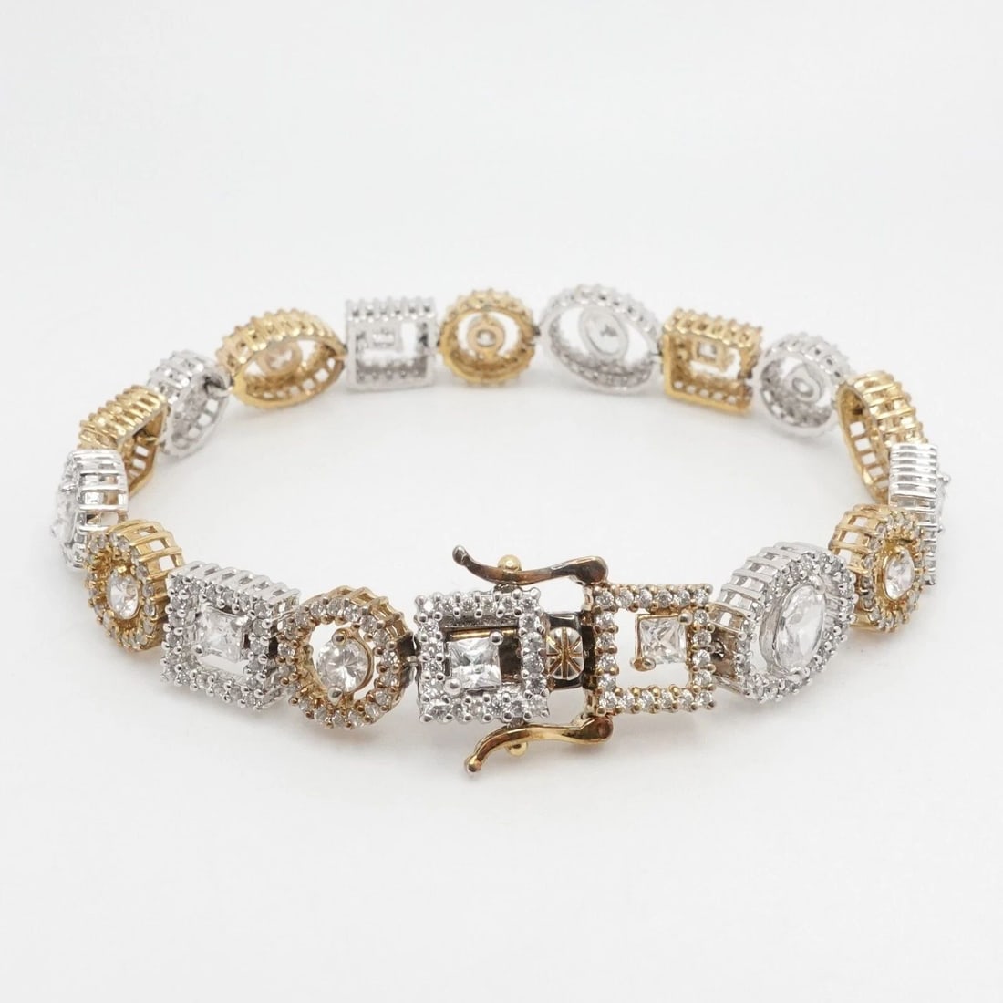 FAS STERLING SILVER TWO TONE GEOMETRIC CZ CUBIC ZIRCONIA CHAIN BRACELET 7.25" (1 of 2)