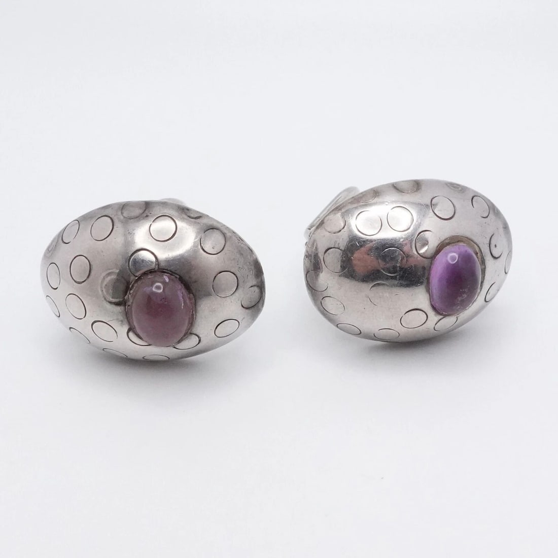 OP SILVER 950 AMETHYST GEMSTONE OVAL DOME CLIP ON EARRINGS 1" (1 of 2)