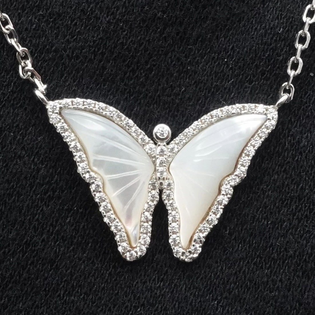 STERLING SILVER BUTTERFLY MOTHER OF PEARL INLAY CLEAR CZ NECKLACE 15.5" (1 of 2)