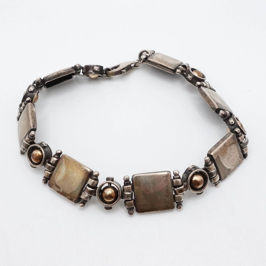 STERLING SILVER SQUARE & ROUND 11MM PANEL LINK CHAIN BRACELET - 7.75" LONG (1 of 2)