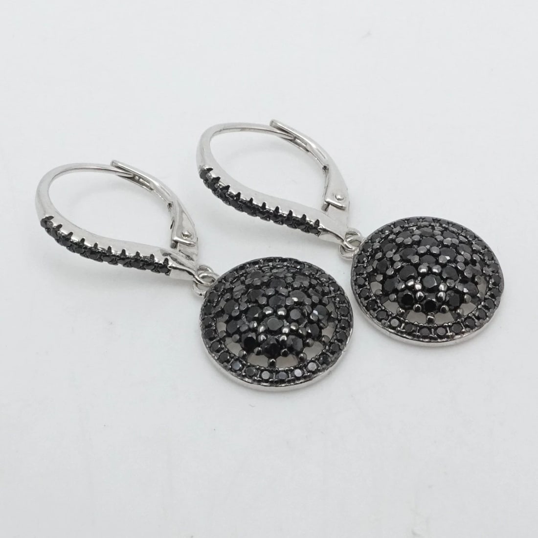STERLING SILVER CIRCLE PAVE BLACK GEMSTONE SMALL DANGLE EARRINGS 1.25" (1 of 2)