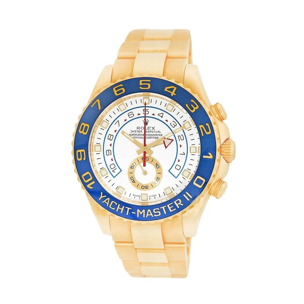 ROLEX 18K YELLOW GOLD 44MM YACHT-MASTER II 116688 WARRANTY BOX MINTY: ROLEX 18K YELLOW GOLD 44MM YACHT-MASTER II 116688 WARRANTY BOX MINTY BRAND: Rolex Model: Yacht-Master II Reference No: 116688 Case Measurements: Case Diameter: 44mm Case Thickness: 14mm Water Resistan