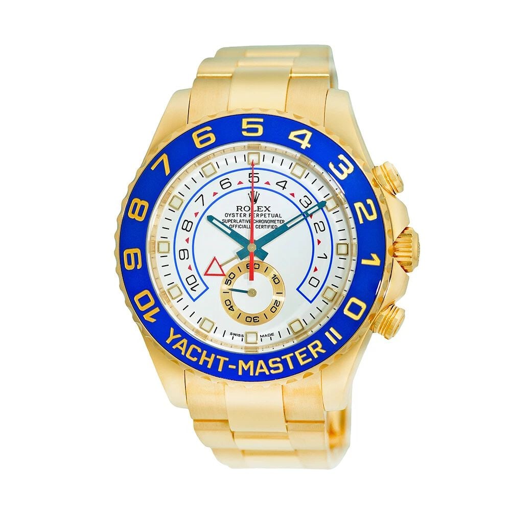 ROLEX 18K YELLOW GOLD 44MM YACHT-MASTER II 116688 WARRANTY BOX MINTY: ROLEX 18K YELLOW GOLD 44MM YACHT-MASTER II 116688 WARRANTY BOX MINTY Brand: Rolex Model: Yacht-Master II Reference No: 116688 Case Measurements: Case Diameter: 44mm Case Thickness: 14mm Water Resistan