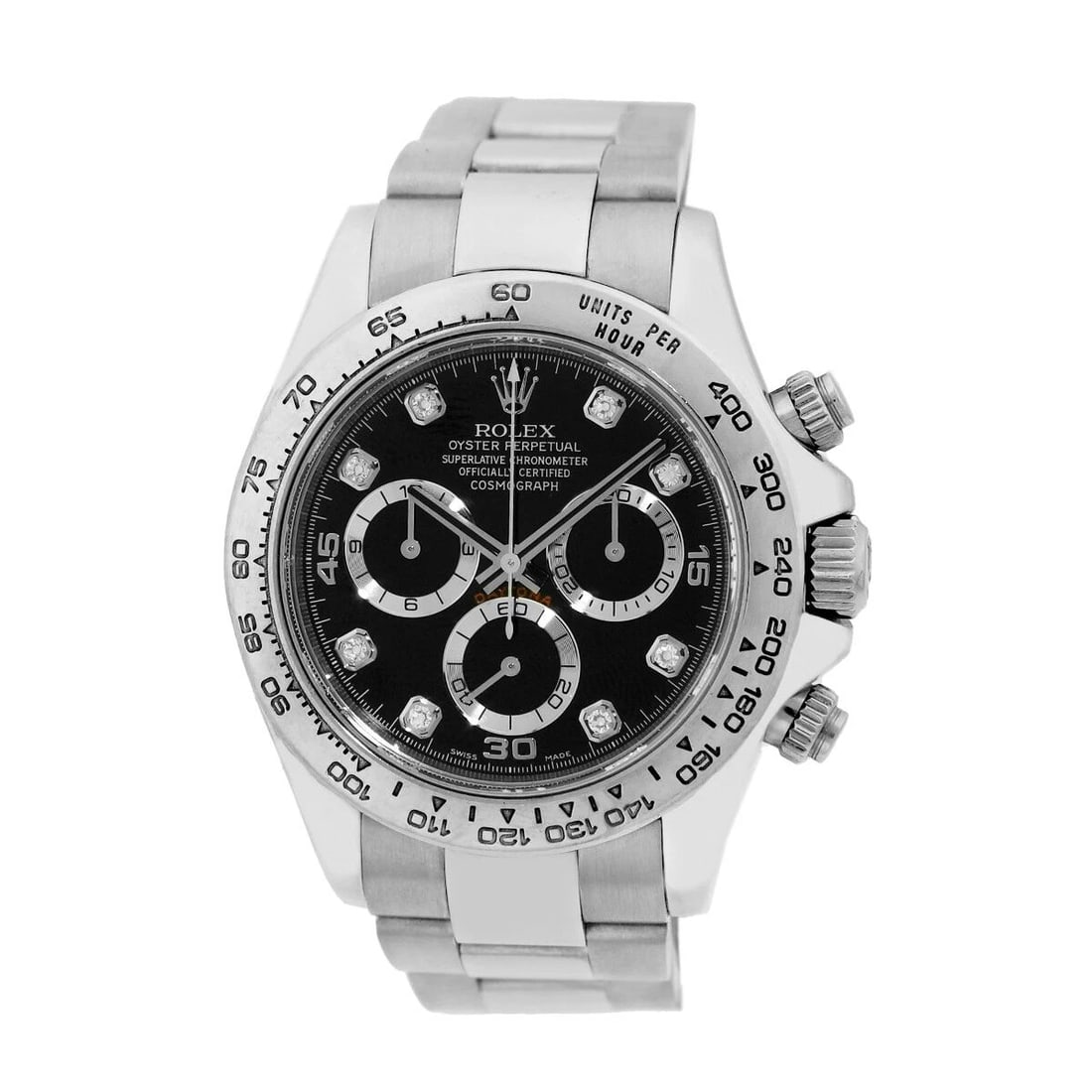 ROLEX 18K WHITE GOLD 40MM DAYTONA COSMOGRAPH DIAMOND DIAL WARRANTY BOX 116509: ROLEX 18K WHITE GOLD 40MM DAYTONA COSMOGRAPH DIAMOND DIAL WARRANTY BOX 116509 ROLEX 18K White Gold 40mm Black Diamond Daytona Cosmograph Warranty Box 116509 Gent's 18K White Gold 40mm Rolex "Daytona" 