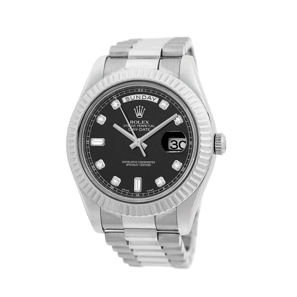 ROLEX 18K WHITE GOLD 41MM DAY-DATE II PRESIDENT 218239 BOX WARRANTY MINTY: ROLEX 18K WHITE GOLD 41MM DAY-DATE II PRESIDENT 218239 BOX WARRANTY MINTY BRAND: Rolex Model: Day-Date II "President" Reference No: 218239 Case Measurements: Case Diameter: 41mm Case Thickness: 12mm W