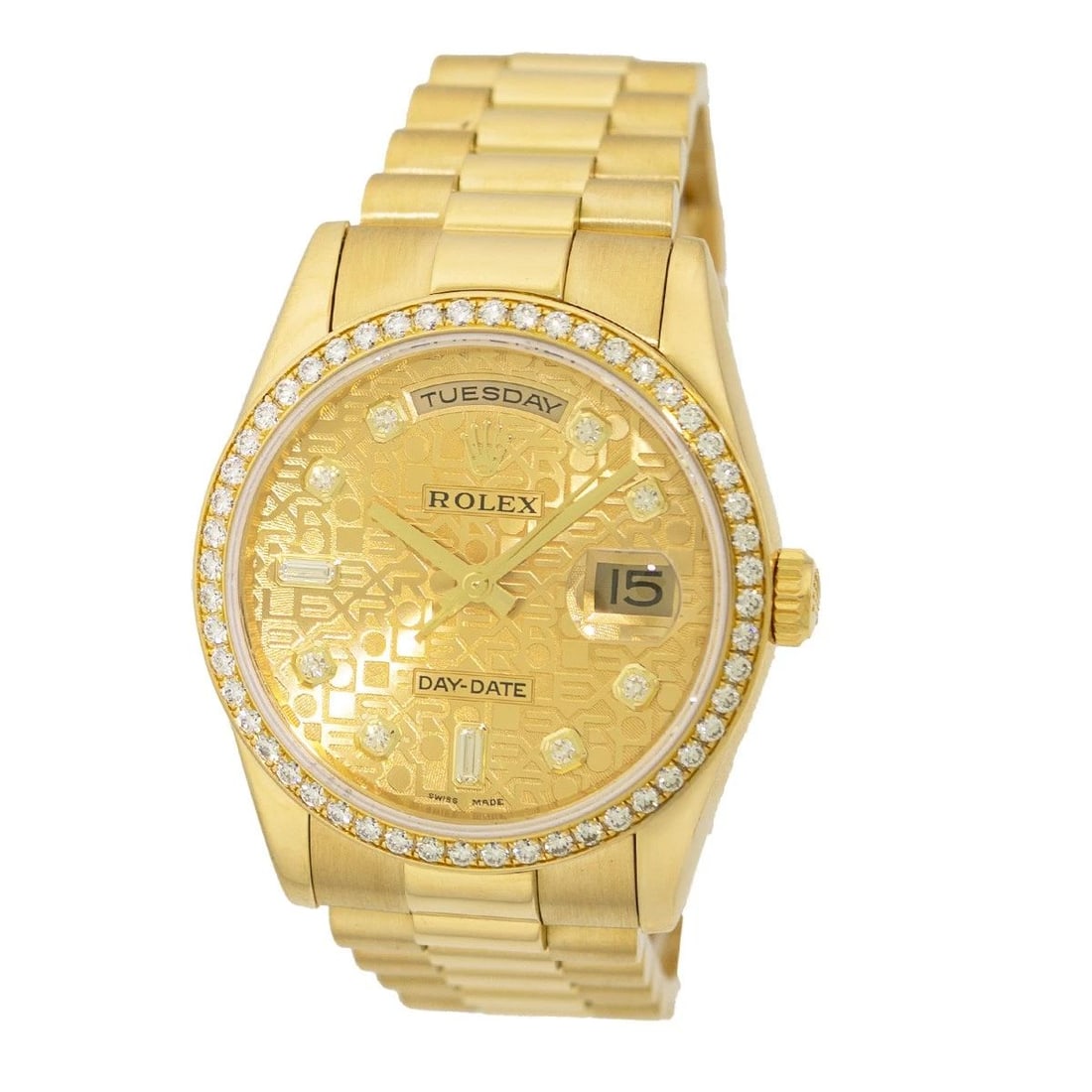 ROLEX 18K YELLOW GOLD 36MM DIAMOND DAY-DATE PRESIDENT 118348 BOX WARRANTY MINTY: ROLEX 18K YELLOW GOLD 36MM DIAMOND DAY-DATE PRESIDENT 118348 BOX WARRANTY MINTY BRAND: Rolex Model: Day-Date "President" Reference No: 118348 Case Measurements: Case Diameter: 36mm Case Thickness: 11.