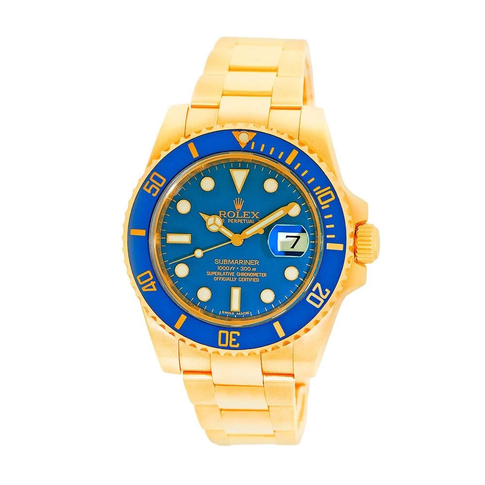 ROLEX 18K YELLOW GOLD 40MM SUBMARINER BLUE DIAL 116618LB BOX WARRANTY: ROLEX 18K YELLOW GOLD 40MM SUBMARINER BLUE DIAL 116618LB BOX WARRANTY ROLEX 18K Yellow Gold 40mm Submariner Date Blue Dial 116618LB Box Warranty Pre-Owned Gent's 18K Yellow Gold 40mm Rolex "Submariner