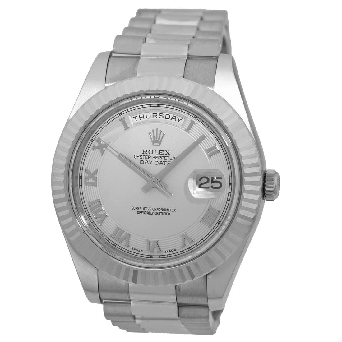 ROLEX 18K WHITE GOLD 41MM ROLEX DAY DATE II PRESIDENT 218239 BOX WARRANTY MINTY: ROLEX 18K WHITE GOLD 41MM ROLEX DAY DATE II PRESIDENT 218239 BOX WARRANTY MINTY BRAND: Rolex Model: Day Date II President Reference No: 218239 Gender: Gent’s Movement: Handmade Swiss Chronometer Cer