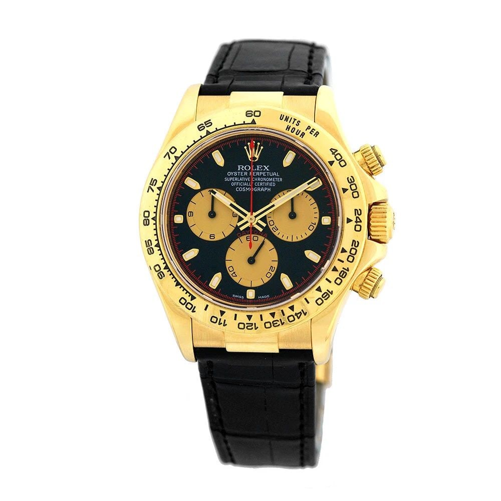 ROLEX 18K YELLOW GOLD 40MM DAYTONA COSMOGRAPH 116518 LIFETIME WARRANTY MINTY: ROLEX 18K YELLOW GOLD 40MM DAYTONA COSMOGRAPH 116518 LIFETIME WARRANTY MINTY ROLEX 18K Yellow Gold 40mm Daytona Automatic Cosmograph 116518 Box Warranty MINTY Pre-Owned Gent's 18K Yellow Gold 40mm Rol