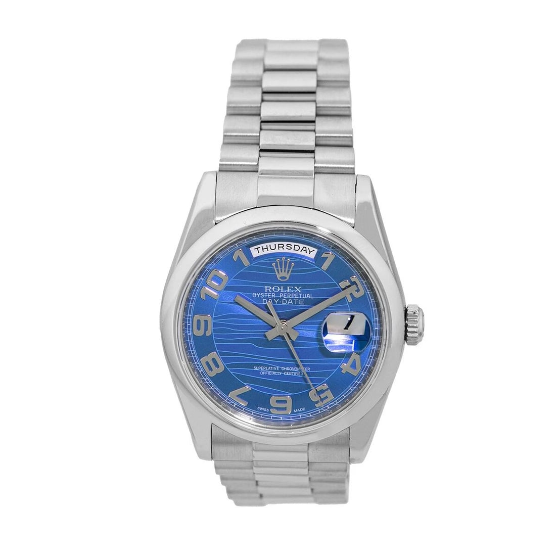 ROLEX PLATINUM 36MM DAY DATE PRESIDENT BLUE WAVE 118206 BOX LIFETIME WARRANTY: ROLEX PLATINUM 36MM DAY DATE PRESIDENT BLUE WAVE 118206 BOX LIFETIME WARRANTY ROLEX Platinum 36mm Day Date President Blue Wave 118206 Box Warranty Certified Pre-Owned Gent's Platinum 36mm Rolex Day-Da