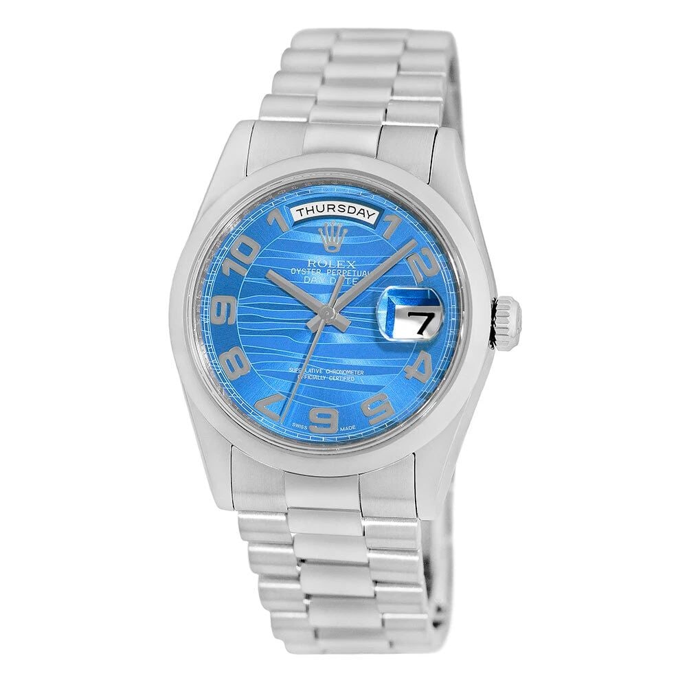 ROLEX PLATINUM 36MM DAY DATE PRESIDENT BLUE WAVE 118206 BOX WARRANTY MINTY: ROLEX PLATINUM 36MM DAY DATE PRESIDENT BLUE WAVE 118206 BOX WARRANTY MINTY ROLEX Platinum 36mm Day Date President Blue Wave 118206 Box Warranty Certified Pre-Owned Gent's Platinum 36mm Rolex Day-Date 