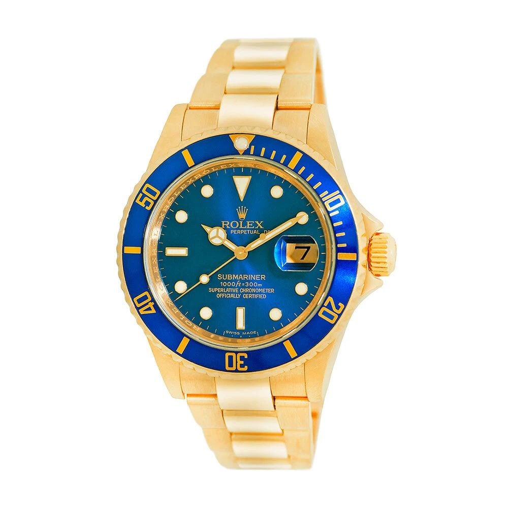 ROLEX 18K YELLOW GOLD 40MM SUBMARINER BLUE DIAL 16618 BOX WARRANTY: ROLEX 18K YELLOW GOLD 40MM SUBMARINER BLUE DIAL 16618 BOX WARRANTY ROLEX 18K Yellow Gold 40mm Submariner Date Blue Dial 16618 Box Warranty Pre-Owned Gent's 18K Yellow Gold 40mm Rolex "Submariner" Bran