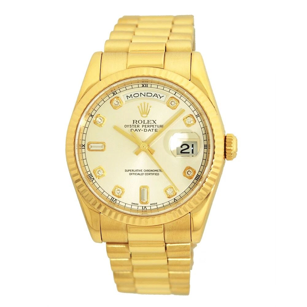 ROLEX 18K YELLOW GOLD 36MM DAY DATE PRESIDENT FACTORY DIAMOND 118238 WARRANTY: ROLEX 18K YELLOW GOLD 36MM DAY DATE PRESIDENT FACTORY DIAMOND 118238 WARRANTY ROLEX 18K Yellow Gold 36mm Day Date President # 118238 Box Warranty MINTY Certified Pre-Owned Gent's 18K Yellow Gold Rolex