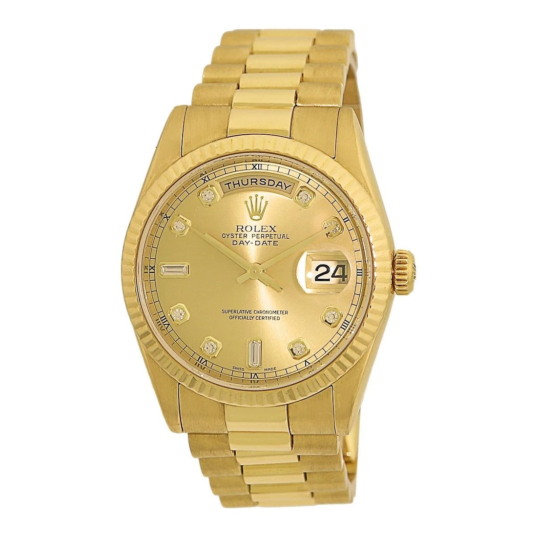 ROLEX 18K YELLOW GOLD 36MM DAY-DATE PRESIDENT FACTORY DIAM 118238 BOX WARRANTY: ROLEX 18K YELLOW GOLD 36MM DAY-DATE PRESIDENT FACTORY DIAM 118238 BOX WARRANTY BRAND: Rolex Model: Day-Date "President" Reference No: 118238 Case Measurements: Case Diameter: 36mm Case Thickness: 12mm