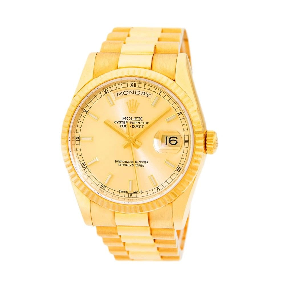 ROLEX 18K YELLOW GOLD 36MM DAY-DATE PRESIDENT 118238 BOX WARRANTY: ROLEX 18K YELLOW GOLD 36MM DAY-DATE PRESIDENT 118238 BOX WARRANTY BRAND: Rolex Model: Day-Date "President" Reference No: 118238 Case Measurements: Case Diameter: 36mm Case Thickness: 12mm Water Resist