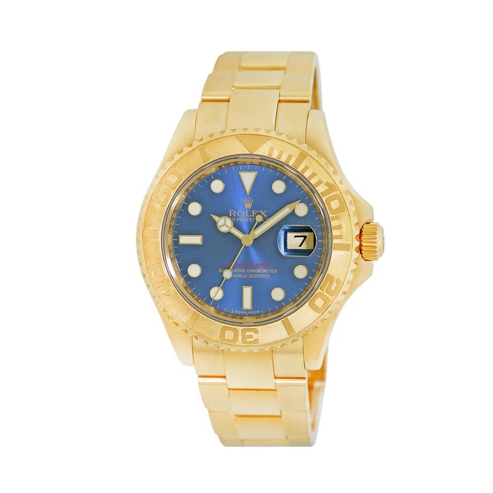ROLEX 18K YELLOW GOLD 40MM YACHT-MASTER BLUE DIAL 16628 WARRANTY BOX MINTY: ROLEX 18K YELLOW GOLD 40MM YACHT-MASTER BLUE DIAL 16628 WARRANTY BOX MINTY ROLEX 18K Yellow Gold 40mm Yacht-Master 16628 Warranty Box MINTY Pre-Owned Gent's 18K Yellow Gold 40mm Rolex "Yacht-Master" B