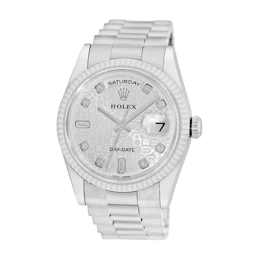 ROLEX 18K WHITE GOLD 36MM DAY-DATE PRESIDENT 118239 LIFETIME WARRANTY BOX: ROLEX 18K WHITE GOLD 36MM DAY-DATE PRESIDENT 118239 LIFETIME WARRANTY BOX BRAND: Rolex Model: Day-Date "President" Reference No: 118239 Case Measurements: Case Diameter: 36mm Case Thickness: 12mm Wate