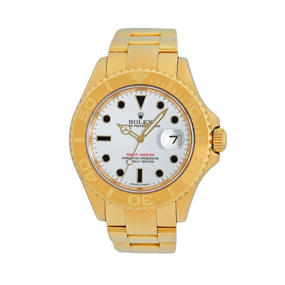 ROLEX 18K YELLOW GOLD 40MM YACHT-MASTER WHITE DIAL 16628 WARRANTY BOX 2005: ROLEX 18K YELLOW GOLD 40MM YACHT-MASTER WHITE DIAL 16628 WARRANTY BOX 2005 ROLEX 18K Yellow Gold 40mm White Dial Yacht-Master 16628 Warranty Box Pre-Owned Gent's 18K Yellow Gold 40mm Rolex "Yacht-Mast