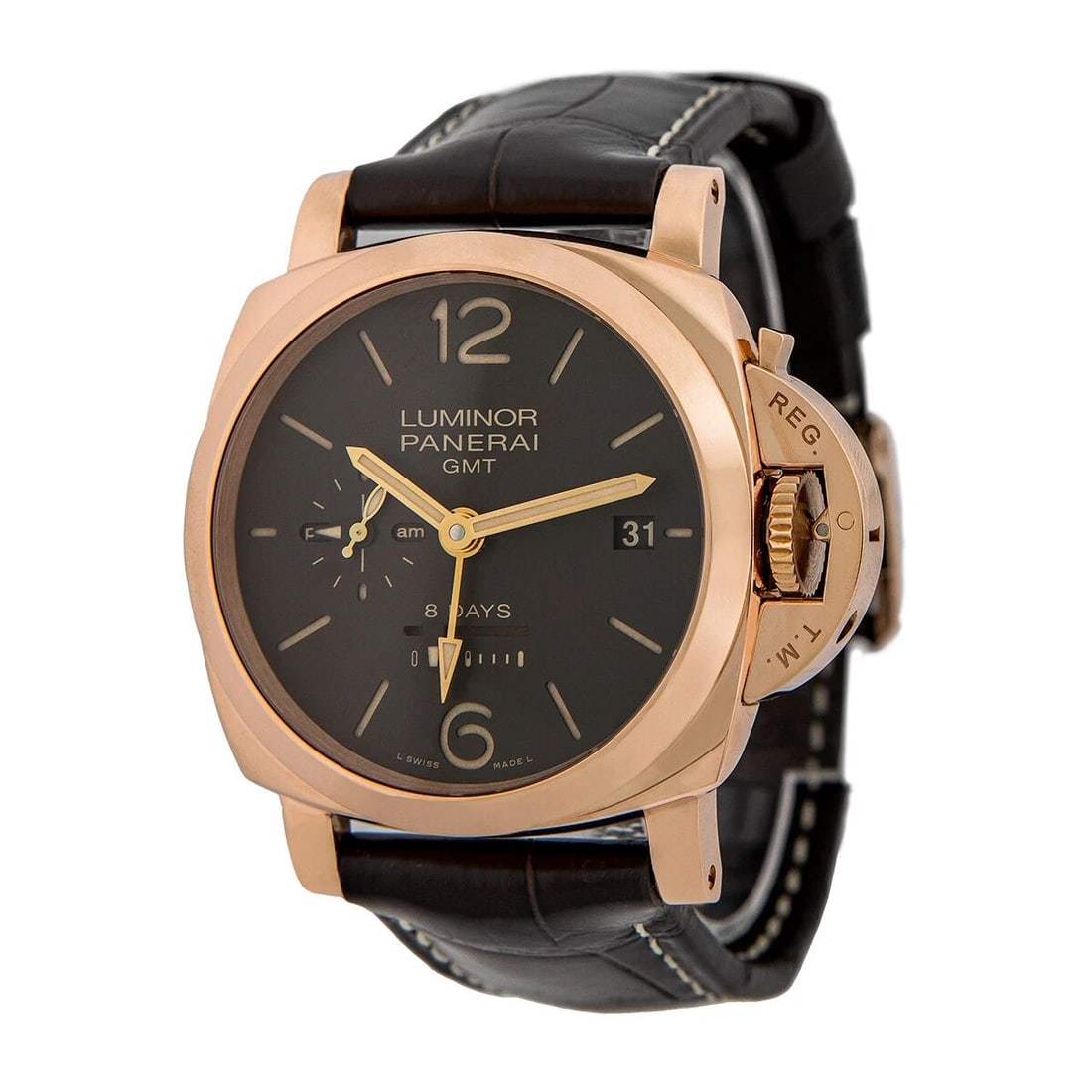 PANERAI ROSE GOLD 44MM LUMINOR 8 DAYS GMT ORO ROSSO PAM 576 WARRANTY BOX MINTY: PANERAI ROSE GOLD 44MM LUMINOR 8 DAYS GMT ORO ROSSO PAM 576 WARRANTY BOX MINTY PANERAI Rose Gold 44mm 1950 Luminor 8 DAYS GMT “ORO ROSSO” PAM 576 Warranty Box MINTY Gent's Rose Gold 44mm Paner