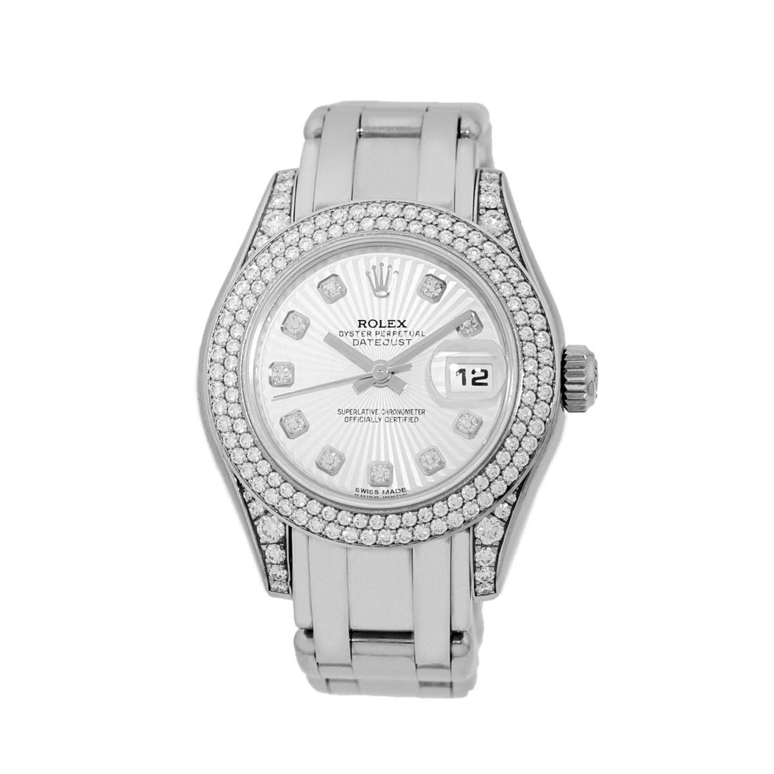 ROLEX 18K WHITE GOLD MASTERPIECE PEARLMASTER FACTORY DIAMOND 80359 BOX MINTY: ROLEX 18K WHITE GOLD MASTERPIECE PEARLMASTER FACTORY DIAMOND 80359 BOX MINTY ROLEX 18K White Gold Masterpiece Pearlmaster Factory Diamonds 80359 Pre-Owned Lady's 18K White Gold Rolex Diamond "Masterpi