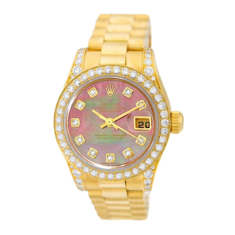 ROLEX 18K YELLOW GOLD 26MM DIAMOND "PRESIDENT" BOX WARRANTY: ROLEX 18K YELLOW GOLD 26MM DIAMOND "PRESIDENT" BOX WARRANTY BRAND: Rolex Model: Datejust President Reference No: 179298 Case Measurements: Case Diameter: 26mm Case Thickness: 10.5mm Water Resistance: 