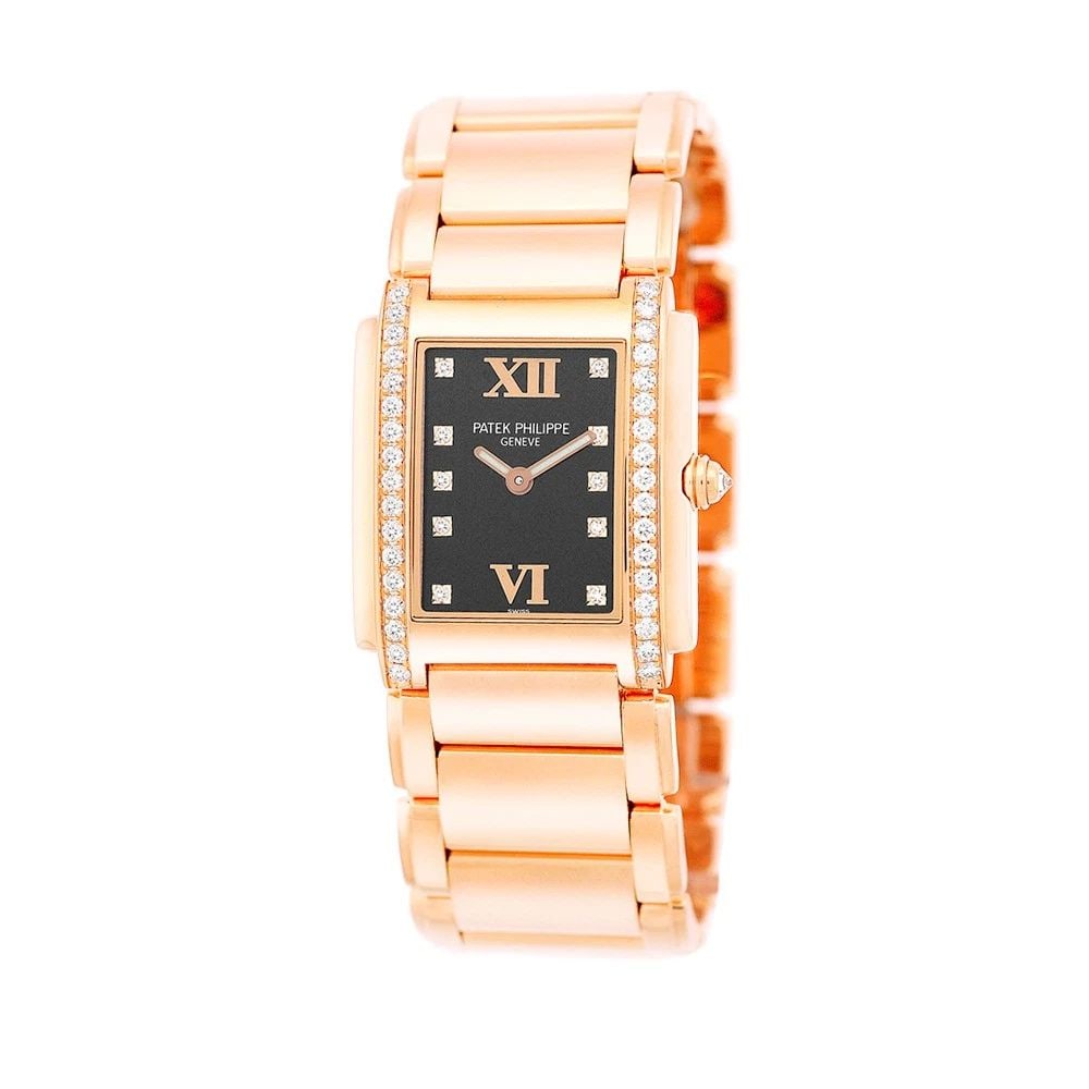 PATEK PHILIPPE 18K ROSE GOLD DIAMOND TWENTY-FOUR 4910/11R BOX WARRANTY MINTY: Lady's PATEK PHILIPPE 18K Rose Gold Diamond Twenty-Four 4910/11R Warranty BOX Lady's 18K Rose Gold 25mm Patek Philippe Diamond "Twenty-4" Quartz Item #: CDC102504 BRAND Patek Philippe Model: Twenty-4 