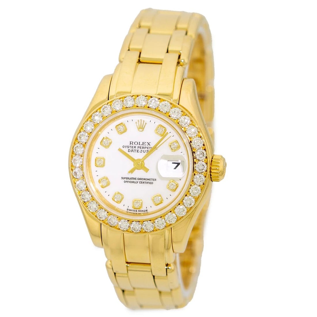 ROLEX 18K YELLOW GOLD MASTERPIECE PEARLMASTER FACTORY DIAMOND 69298 BOX MINTY: ROLEX 18K YELLOW GOLD MASTERPIECE PEARLMASTER FACTORY DIAMOND 69298 BOX MINTY ROLEX 18K Yellow Gold Masterpiece Pearlmaster Factory Diamonds 69298 Pre-Owned Lady's 18K Yellow Gold Diamond Rolex "Diamo