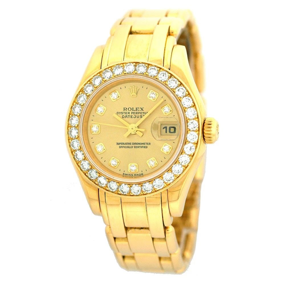 ROLEX 18K YELLOW GOLD 29MM PEARLMASTER MASTERPIECE FACTORY DIAMONDS # 69298 BOX: ROLEX 18K YELLOW GOLD 29MM PEARLMASTER MASTERPIECE FACTORY DIAMONDS # 69298 BOX ROLEX 18K Yellow Gold 29mm Pearlmaster Masterpiece Factory Diamonds # 69298 Certified Pre-Owned Lady's 18K Yellow Gold R