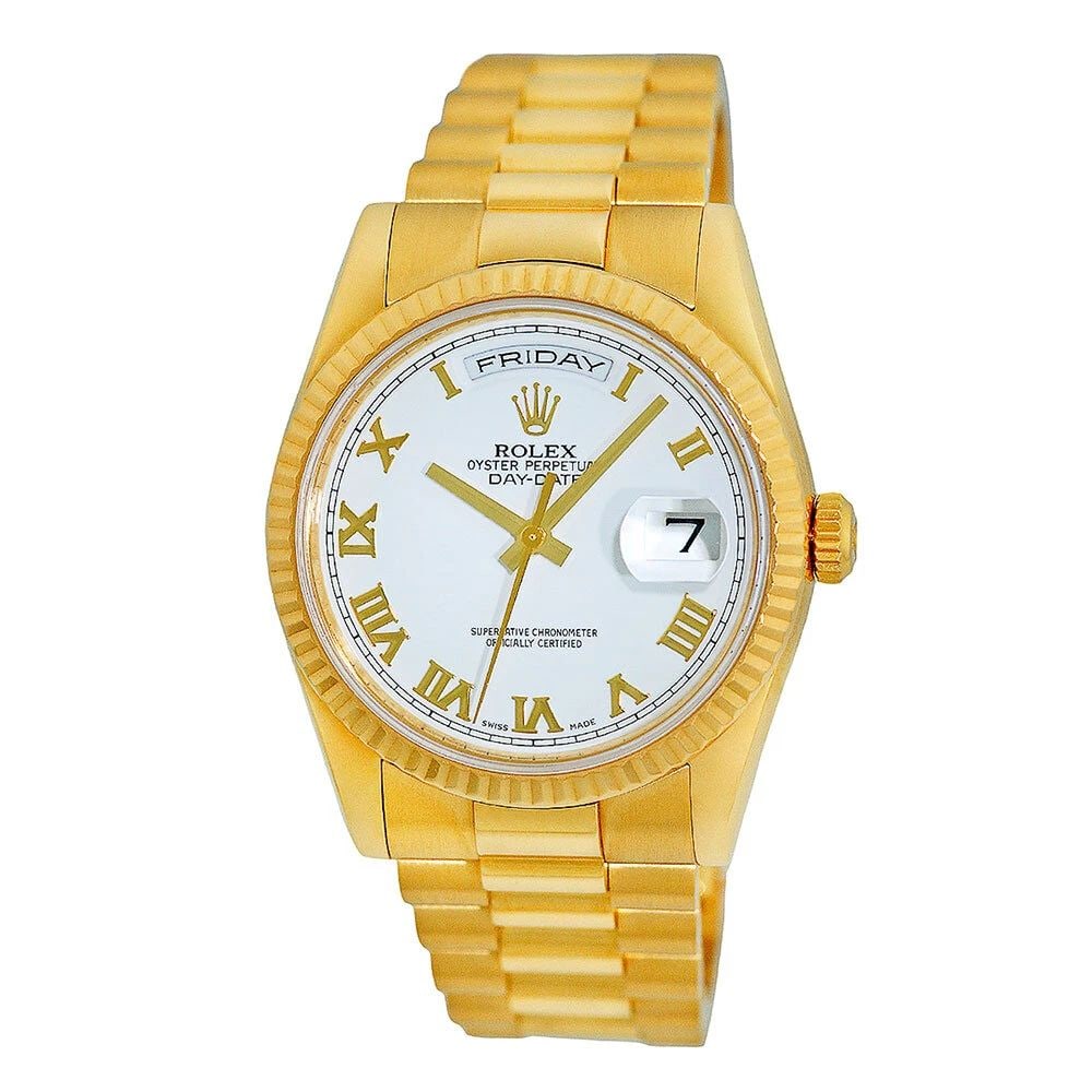ROLEX 18K YELLOW GOLD 36MM DAY DATE PRESIDENT 18238 BOX LIFETIME WARRANTY: ROLEX 18K YELLOW GOLD 36MM DAY DATE PRESIDENT 18238 BOX WARRANTY ROLEX 18K Yellow Gold 36mm Day Date President 18238 Box Warranty MINTY Pre-Owned Gent's 18K Yellow Gold 36mm Rolex Day-Date "President"