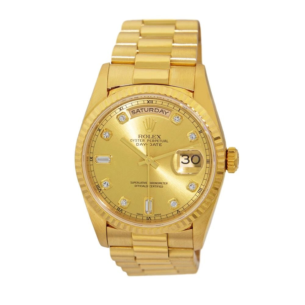 ROLEX 18K YELLOW GOLD 36MM DAY DATE PRESIDENT FACTORY DIAMOND 18238 BOX WARRANTY: ROLEX 18K YELLOW GOLD 36MM DAY DATE PRESIDENT FACTORY DIAMOND 18238 BOX WARRANTY ROLEX 18K Yellow Gold 36mm Day Date President Factory Diamonds Dial Warranty 18238 Gent's 18K Yellow Gold 36mm Rolex Da
