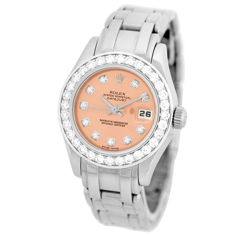 ROLEX 18K WHITE GOLD LADY MASTERPIECE 69329 PEARLMASTER DIAMONDS MINTY WARRANTY: ROLEX 18K WHITE GOLD LADY MASTERPIECE 69329 PEARLMASTER DIAMONDS MINTY WARRANTY ROLEX 18K White Gold Masterpiece 69329 Factory Diamonds Box MINTY Certified Pre-Owned Lady's 18K White Gold Rolex Diamon