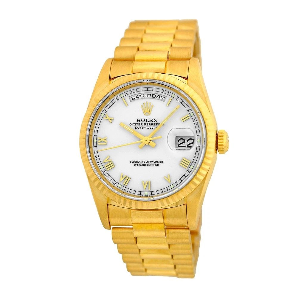ROLEX 18K YELLOW GOLD 36MM DAY-DATE PRESIDENT 18238 BOX LIFETIME WARRANTY MINTY: ROLEX 18K YELLOW GOLD 36MM DAY-DATE PRESIDENT 18238 BOX LIFETIME WARRANTY MINTY BRAND: Rolex Model: Day-Date "President" Reference No: 18238 Case Measurements: Case Diameter: 36mm Case Thickness: 12mm
