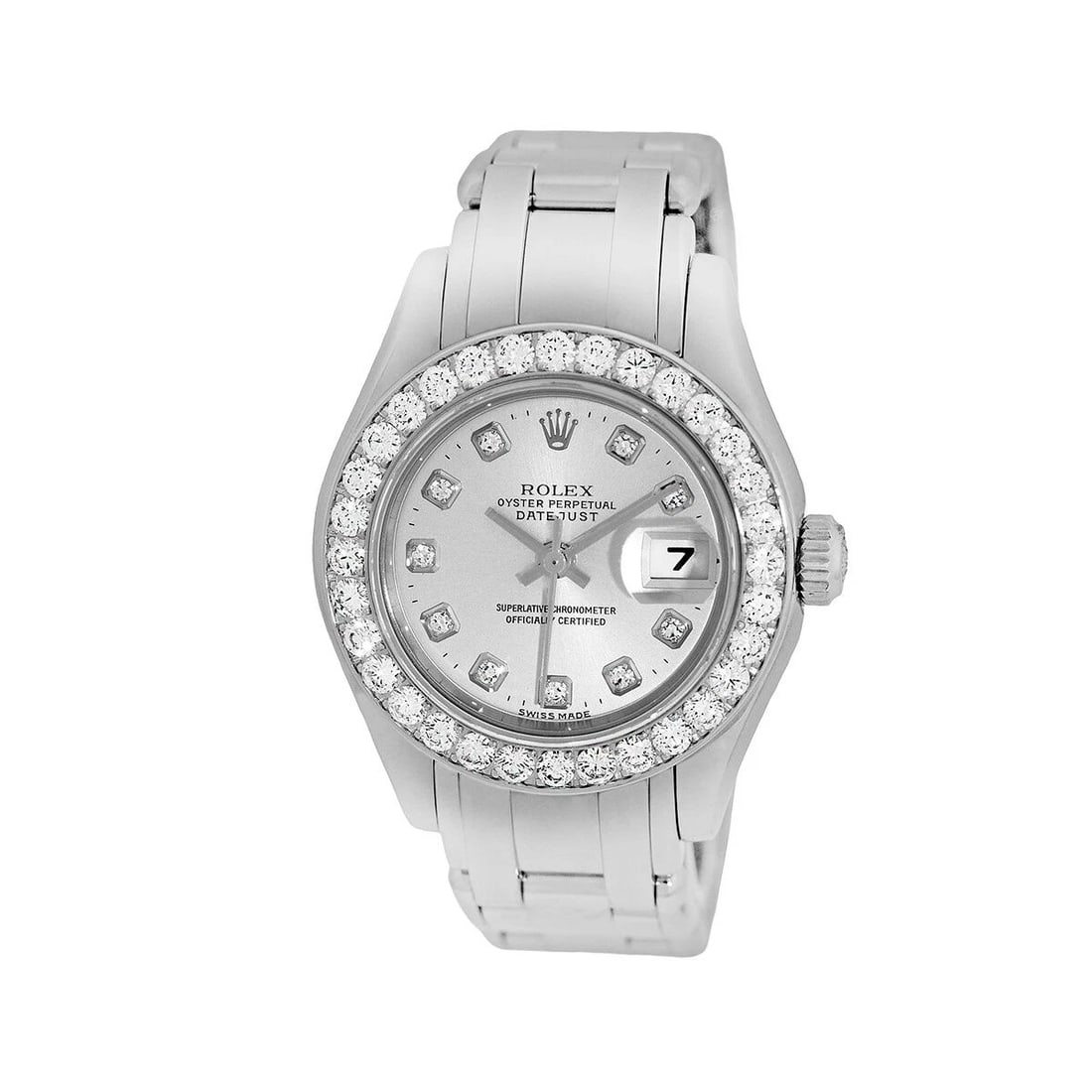 ROLEX 18K WHITE GOLD 29MM MASTERPIECE 80299 PEARLMASTER DIAMONDS MINTY WARRANTY: ROLEX 18K WHITE GOLD 29MM MASTERPIECE 80299 PEARLMASTER DIAMONDS MINTY WARRANTY ROLEX 18K White Gold 29mm Masterpiece 80299 Factory Diamonds Box MINTY Pre-Owned Lady's 18K White Gold 29mm Rolex Diamon