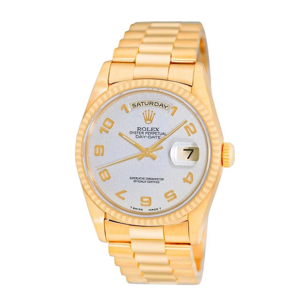 ROLEX 18K YELLOW GOLD 36MM DAY-DATE PRESIDENT 18238 BOX LIFETIME WARRANTY MINTY: ROLEX 18K YELLOW GOLD 36MM DAY-DATE PRESIDENT 18238 BOX LIFETIME WARRANTY MINTY BRAND: Rolex Model: Day-Date "President" Reference No: 18238 Case Measurements: Case Diameter: 36mm Case Thickness: 12mm