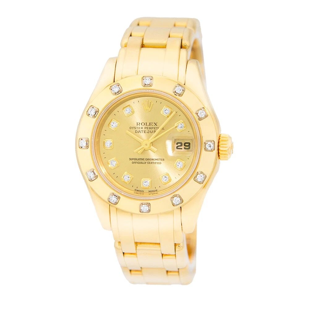 ROLEX LADY'S 18K YELLOW GOLD 29MM DIAMOND MASTERPIECE 80318 BOX WARRANTY MINTY: ROLEX LADY'S 18K YELLOW GOLD 29MM MASTERPIECE 80318 BOX WARRANTY Brand: Rolex Model: Datejust "Masterpiece" Reference No: 80318 Case Measurements: Case Diameter: 29mm Case Thickness: 10.5mm Water Resi