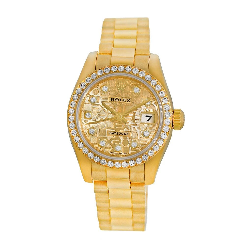 ROLEX 18K YELLOW GOLD 26MM FACTORY DIAMOND PRESIDENT 179138 BOX WARRANTY: ROLEX 18K YELLOW GOLD 26MM FACTORY DIAMOND PRESIDENT 179138 BOX WARRANTY ROLEX 18K Yellow Gold 26mm Factory Diamond President 179138 Pre-Owned Lady's 18K Yellow Gold 26mm Rolex "President" Brand: Role
