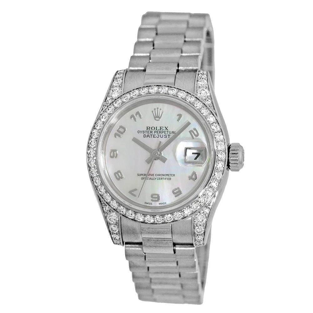ROLEX 18K WHITE GOLD PRESIDENT CROWN COLLECTION FACTORY DIAMOND 179159 BOX MINTY: ROLEX 18K WHITE GOLD PRESIDENT CROWN COLLECTION FACTORY DIAMOND 179159 BOX MINTY ROLEX 18K White Gold President Crown Collection Factory Diamond # 179159 Box New Style Lady's 18K White Gold Rolex Diam