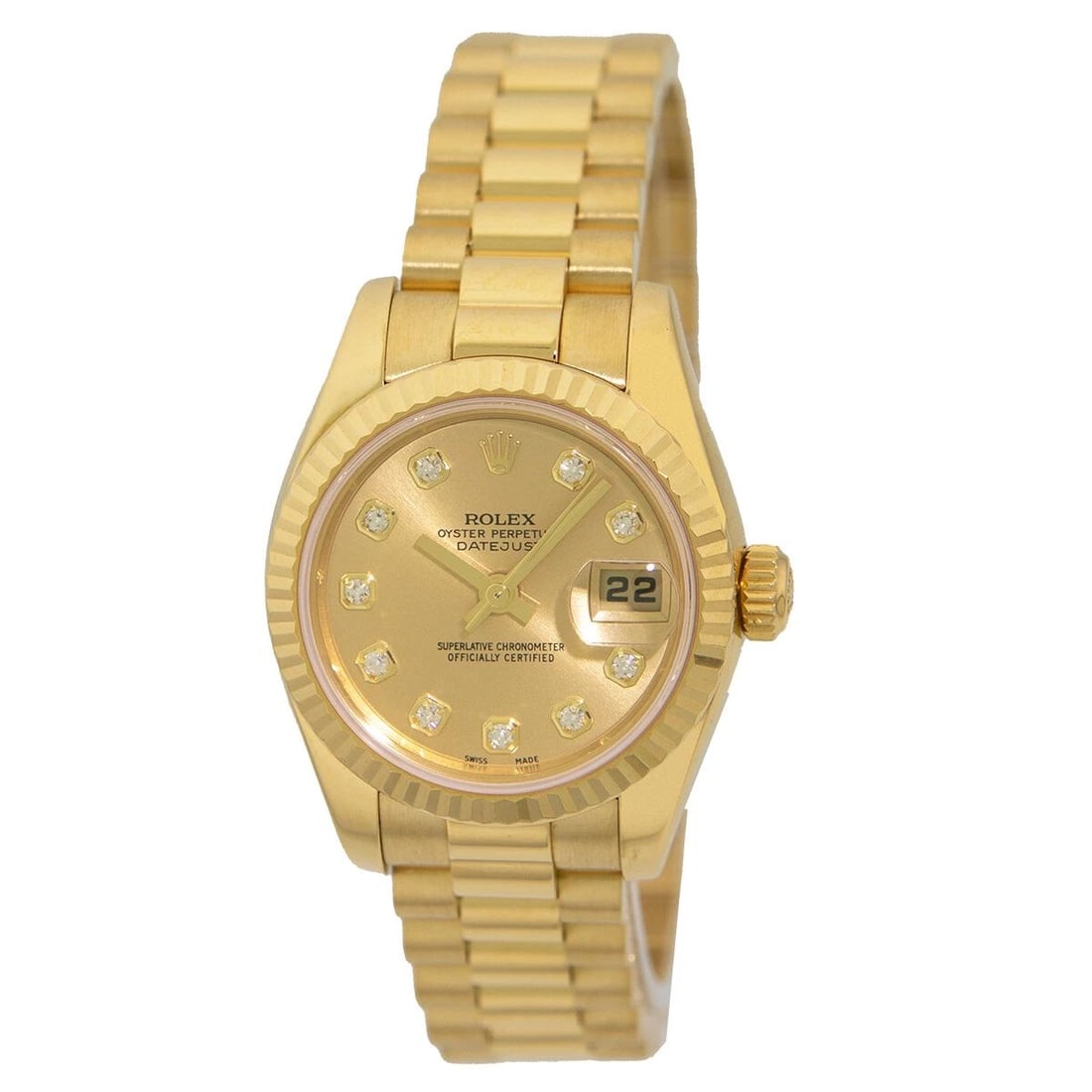 ROLEX 18K YELLOW GOLD 26MM FACTORY DIAMOND PRESIDENT 179178 BOX WARRANTY: ROLEX 18K YELLOW GOLD 26MM FACTORY DIAMOND PRESIDENT 179178 BOX WARRANTY ROLEX Lady's 18K Yellow Gold 26mm Diamond "President" 179178 Pre-Owned Lady's 18K Yellow Gold 26mm Rolex "Diamond President" Br
