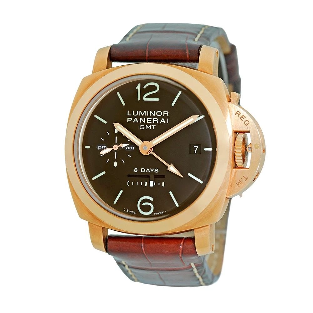 PANERAI 18K ROSE GOLD 44MM PAM 00289 LUMINOR 1950 GMT 8 DAYS BOX WARRANTY 2019: PANERAI 18K Rose Gold 44mm PAM 00289 Luminor 1950 GMT 8 Days Box Warranty 2019 Gent's 18K Rose Gold 44mm Panerai 1950 PAM 289 "Luminor GMT 8 Days" Item #: CDC082501 BRAND Panerai Model: Luminor GMT Re