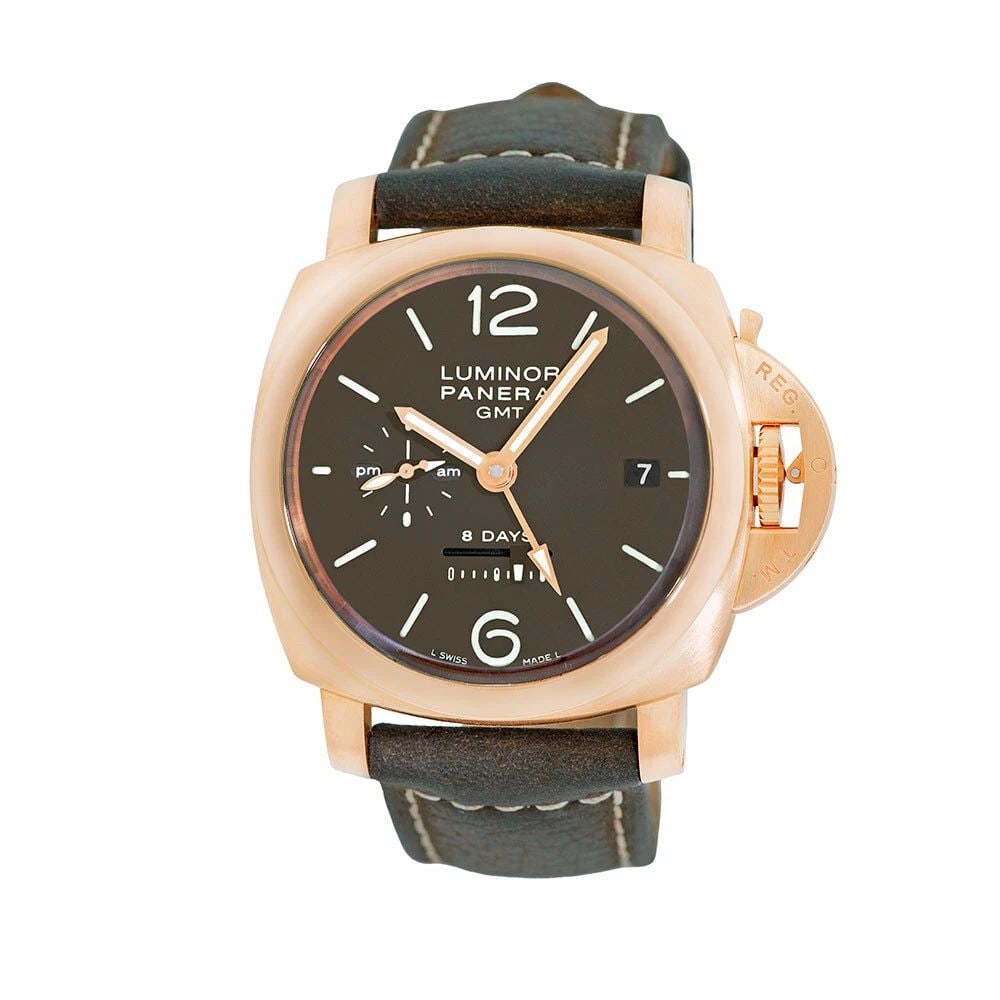 PANERAI 18K ROSE GOLD 44MM PAM 00289 1950 LUMINOR GMT DATE PAM 289 BOX WARRANTY: PANERAI 18K ROSE GOLD 44MM PAM 00289 1950 LUMINOR GMT DATE PAM 289 BOX WARRANTY PANERAI 1950 18K Rose Gold 44mm PAM 00289 Luminor GMT Mechanical Box Warranty Gent's 18K Rose Gold 44mm Panerai 1950 PAM