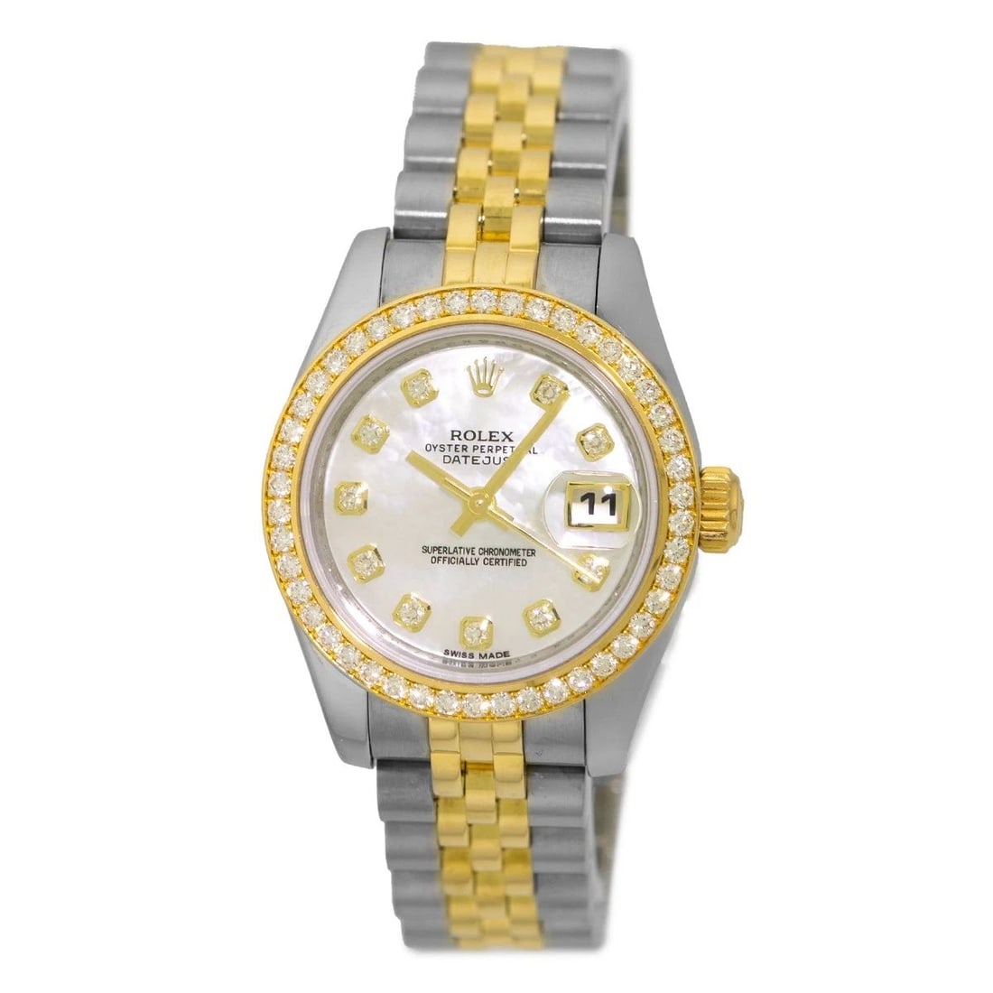 ROLEX STEEL & 18K YELLOW GOLD DATEJUST MOTHER PEARL DIAMOND 179383 WARRANTY 2011: ROLEX STEEL & 18K YELLOW GOLD DATEJUST MOTHER PEARL DIAMOND 179383 WARRANTY 2011 BRAND: Rolex Model: Datejust Reference No: 179383 Gender: Lady’s Movement: Handmade Swiss Chronometer Certified(COSC)