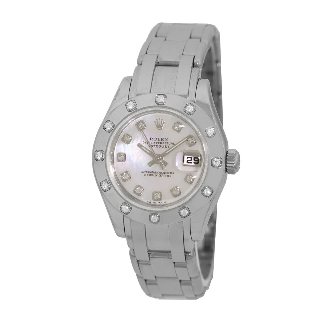ROLEX 18K WHITE GOLD PEARLMASTER MASTERPIECE FACTORY DIAMONDS 80319 BOXWARRANTY: ROLEX 18K WHITE GOLD PEARLMASTER MASTERPIECE FACTORY DIAMONDS 80319 BOXWARRANTY ROLEX 18K White Gold Pearlmaster Masterpiece Factory Diamonds # 80319 Box Certified Pre-Owned Lady's 18K White Gold 29mm