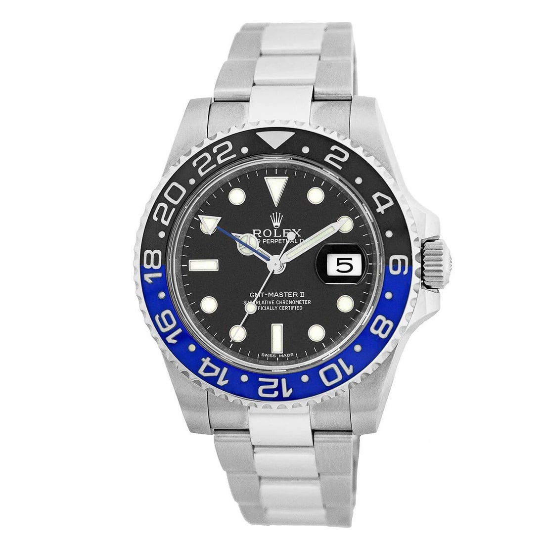 ROLEX STAINLESS STEEL 40MM GMT MASTER II BATMAN CERAMIC 40MM 116710BLNR 2017: ROLEX STAINLESS STEEL 40MM GMT MASTER II BATMAN CERAMIC 40MM 116710BLNR 2017 ROLEX Stainless Steel 40mm GMT Master II 116710BLNR Batman Box Warranty MINTY Pre-Owned Gent's Stainless Steel 40mm Rolex "