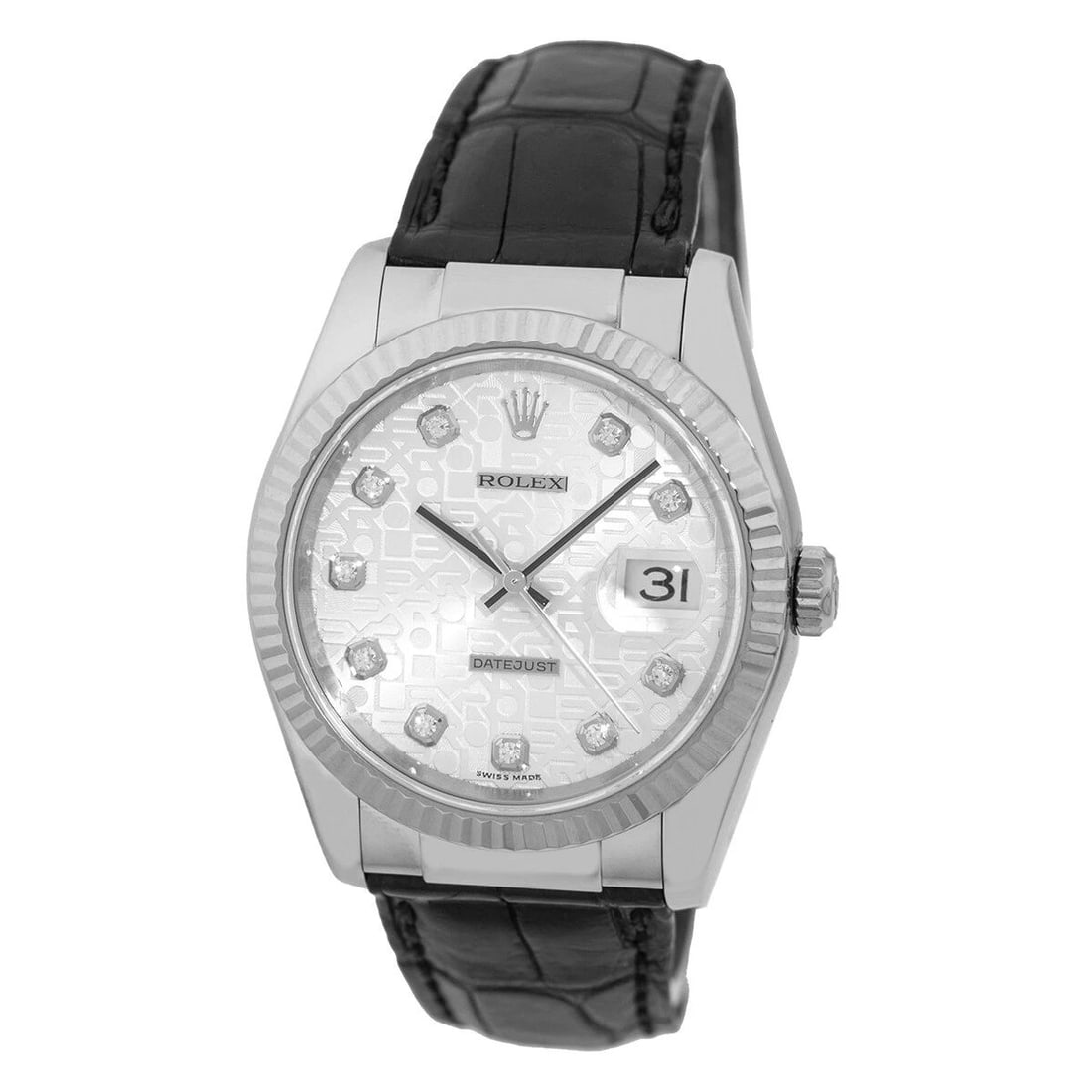 ROLEX 18K WHITE GOLD 36MM DATEJUST FACTORY DIAMOND WARRANTY BOX: ROLEX 18K WHITE GOLD 36MM DATEJUST FACTORY DIAMOND WARRANTY BOX ROLEX 18K White Gold 36mm Datejust Factory Diamonds Warranty Box 116139 Pre-Owned Gent's 18K White Gold 36mm Rolex "Datejust" Brand: Rol