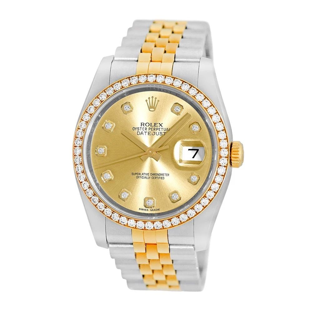 ROLEX STAINLESS STEEL 18K YELLOW GOLD 36MM FACTORY DIAMOND DATEJUST 116243 BOX: ROLEX STAINLESS STEEL 18K YELLOW GOLD 36MM FACTORY DIAMOND DATEJUST 116243 BOX BRAND: Rolex Model: Datejust Reference No: 116243 Gender: Gent’s Movement: Handmade Swiss Chronometer Certified(COSC) A