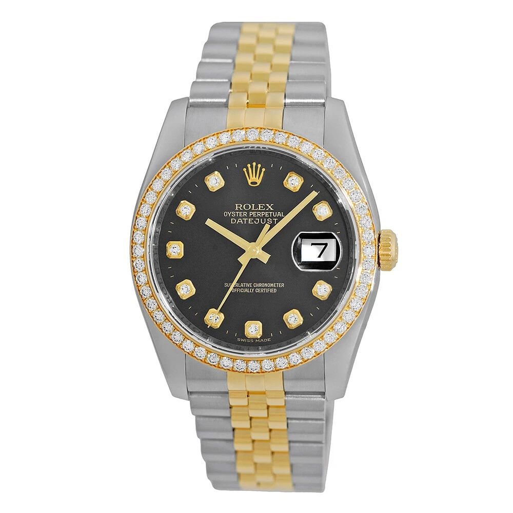 ROLEX STAINLESS STEEL 18K YELLOW GOLD 36MM FACTORY DIAMOND DATEJUST 116243 BOX: ROLEX STAINLESS STEEL 18K YELLOW GOLD 36MM FACTORY DIAMOND DATEJUST 116243 BOX ROLEX Stainless Steel & 18K Yellow Gold 36mm Diamond Datejust 116243 Box Warranty Certified Pre-Owned Gent's Stainless St