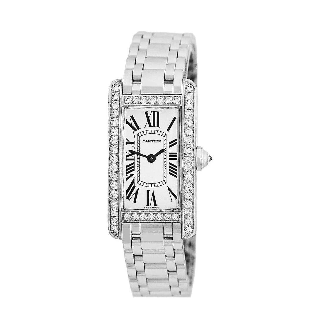 CARTIER 18K WHITE GOLD TANK AMERICAN FACTORY DIAMONDS AMERICAINE BOX WARRANTY: CARTIER 18K WHITE GOLD TANK AMERICAN FACTORY DIAMONDS AMERICAINE BOX WARRANTY CARTIER 18K White Gold Tank American Factory Diamonds Americaine Box Warranty Lady's 18K White Gold Cartier "Diamond Tank 