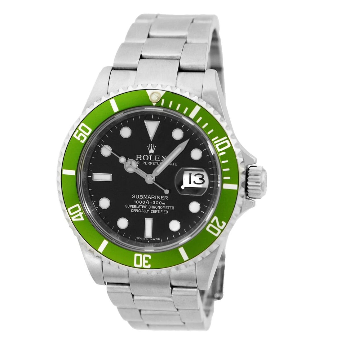 ROLEX STAINLESS STEEL 40MM SUBMARINER GREEN BEZEL DATE 16610V BOX WARRANTY 2008: ROLEX STAINLESS STEEL 40MM SUBMARINER GREEN BEZEL DATE 16610V BOX WARRANTY 2008 ROLEX Stainless Steel 40mm Submariner Green Bezel Date 16610V Box Warranty Gent's Stainless Steel 40mm Rolex Anniversary