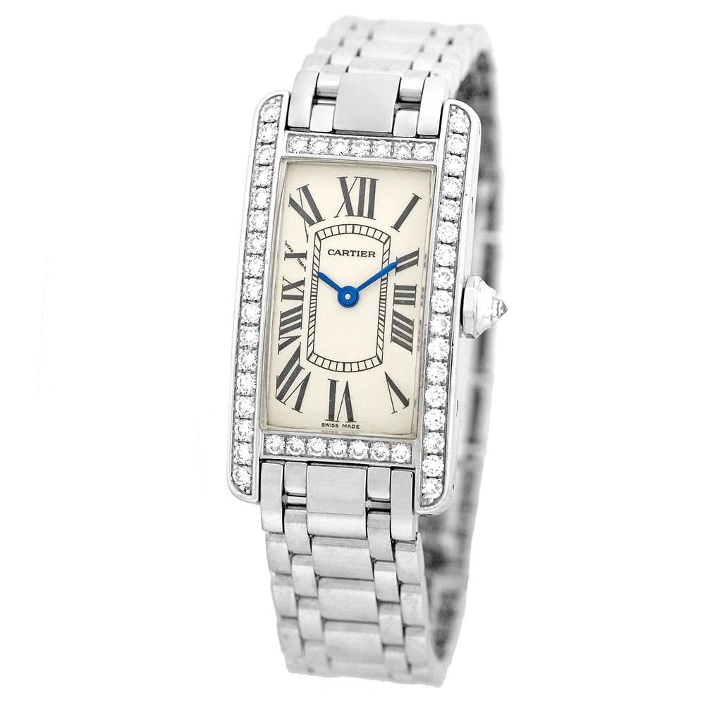 CARTIER 18K WHITE GOLD TANK AMERICAN FACTORY DIAMONDS AMERICAINE BOX WARRANTY: CARTIER 18K WHITE GOLD TANK AMERICAN FACTORY DIAMONDS AMERICAINE BOX WARRANTY CARTIER 18K White Gold Tank American Factory Diamonds Americaine Box Warranty Lady's 18K White Gold Cartier Diamond "Tank 